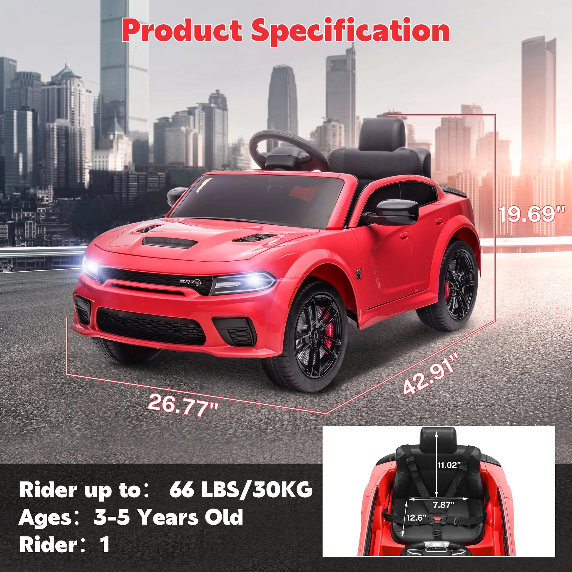 Officially Licensed Dodge Charger SRT 12V Electric Power Ride on Cars for Kids with Parent Remote Control, W/Music Player/Led Headlights/Safety Belt, Red