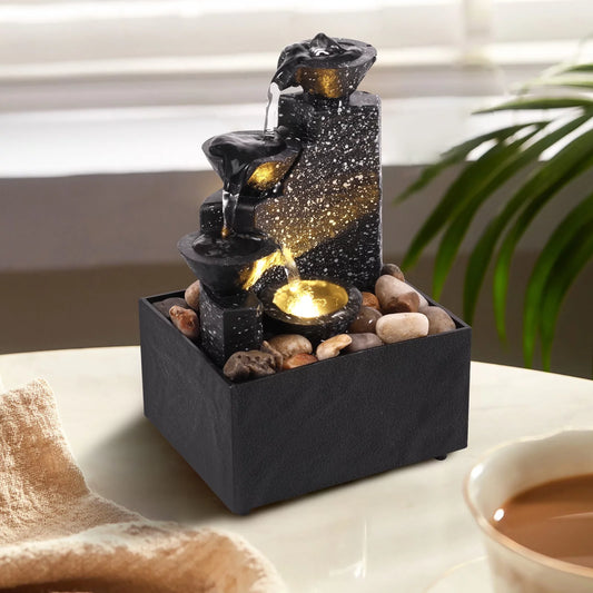 4 Level Indoor Water Fountain Tabletop with Audible Calming Waterfall Sounds and Soft Lights