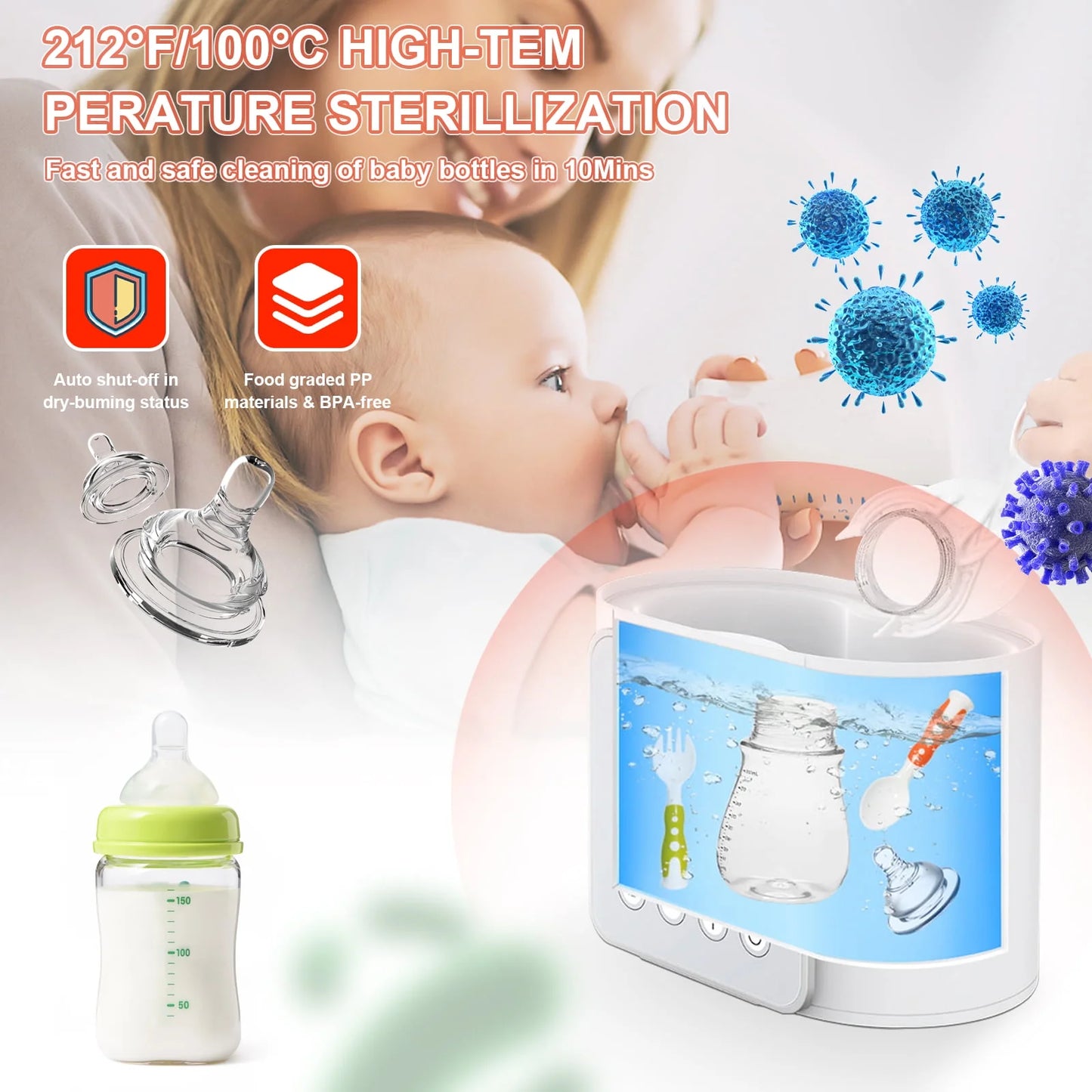 9-In-1 Portable Baby Bottle Sterilizer, Double Bottle Breast Milk Warmer with LCD Display, Timer & 24H Temperature Control