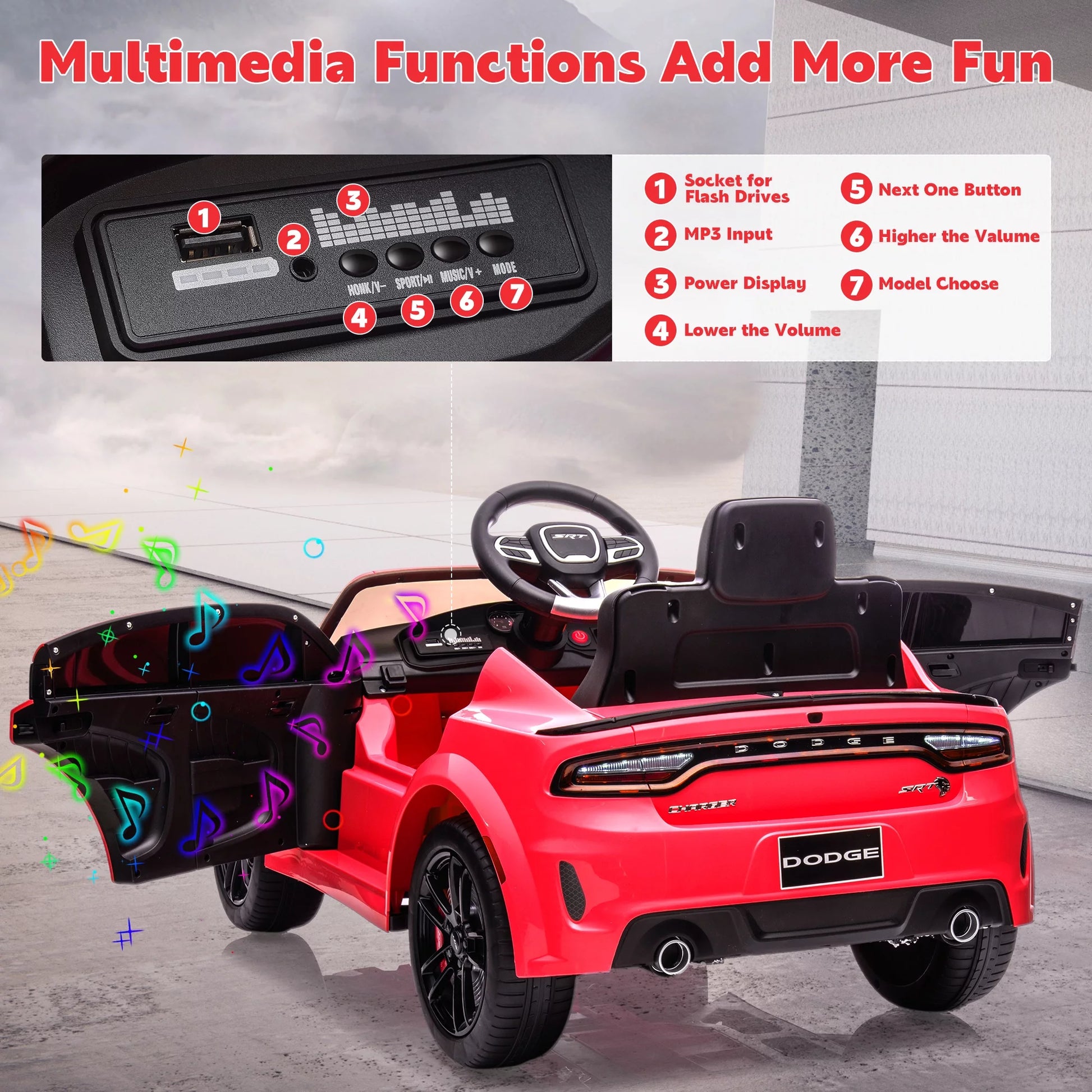 Officially Licensed Dodge Charger SRT 12V Electric Power Ride on Cars for Kids with Parent Remote Control, W/Music Player/Led Headlights/Safety Belt, Red