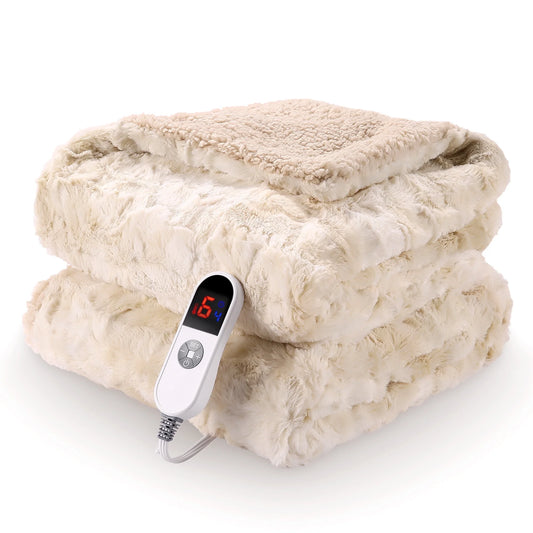 50" x 60" Electric Heated Throw Blanket – Soft Faux Fur, 6 Heat Levels, 4-Hour Timer, LED Display, Machine Washable, Tie-Dye Off White