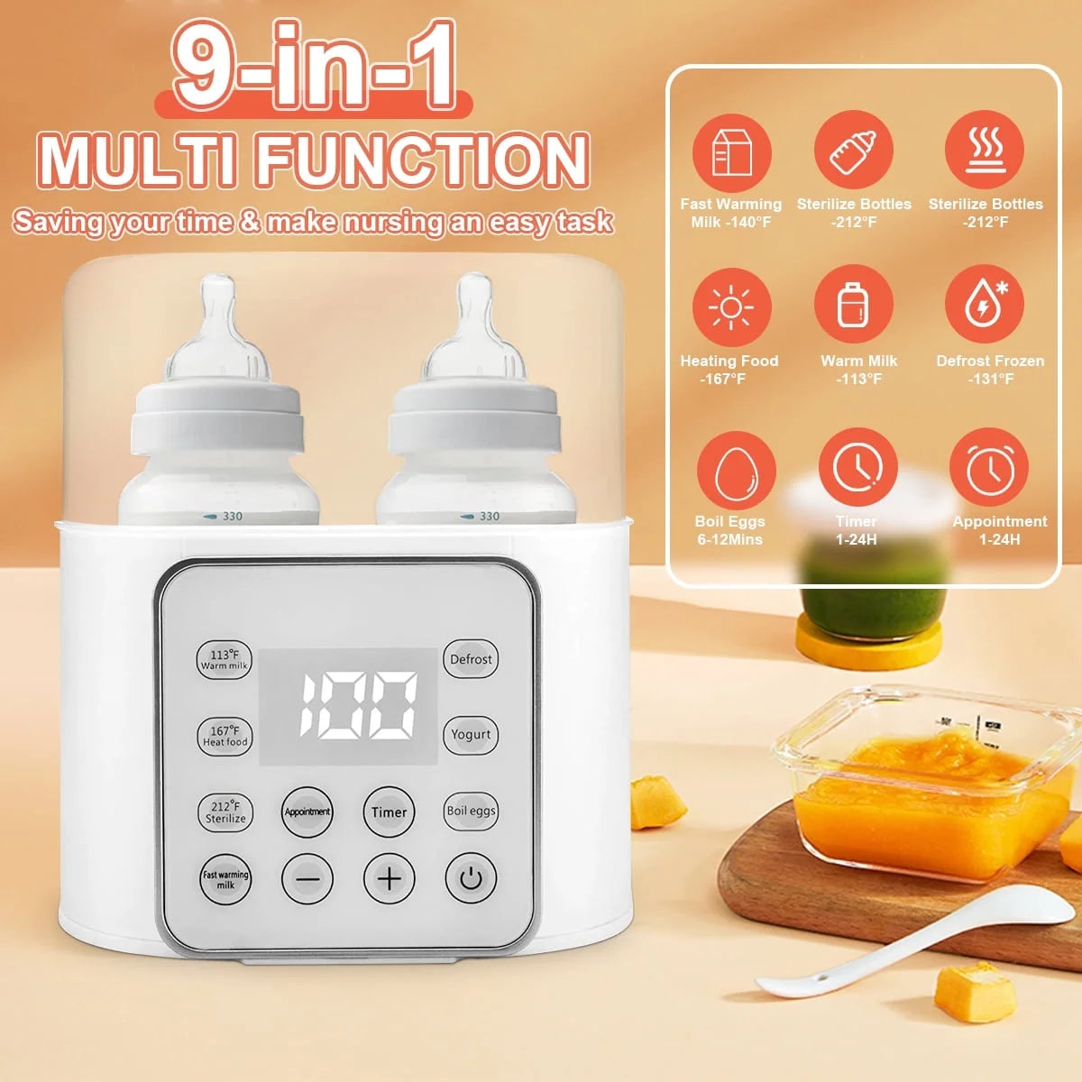 9-In-1 Portable Baby Bottle Sterilizer, Double Bottle Breast Milk Warmer with LCD Display, Timer & 24H Temperature Control