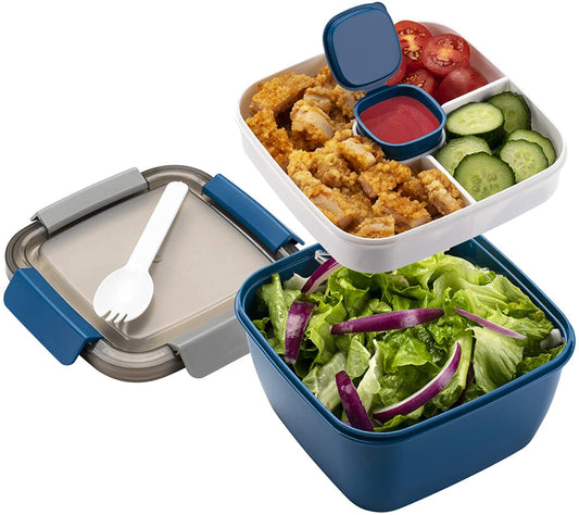 52-Oz Salad Lunch Container with 4 Compartments & Dressing Cup – Portable Salad Bowl for Toppings, Snacks, and More (Blue)