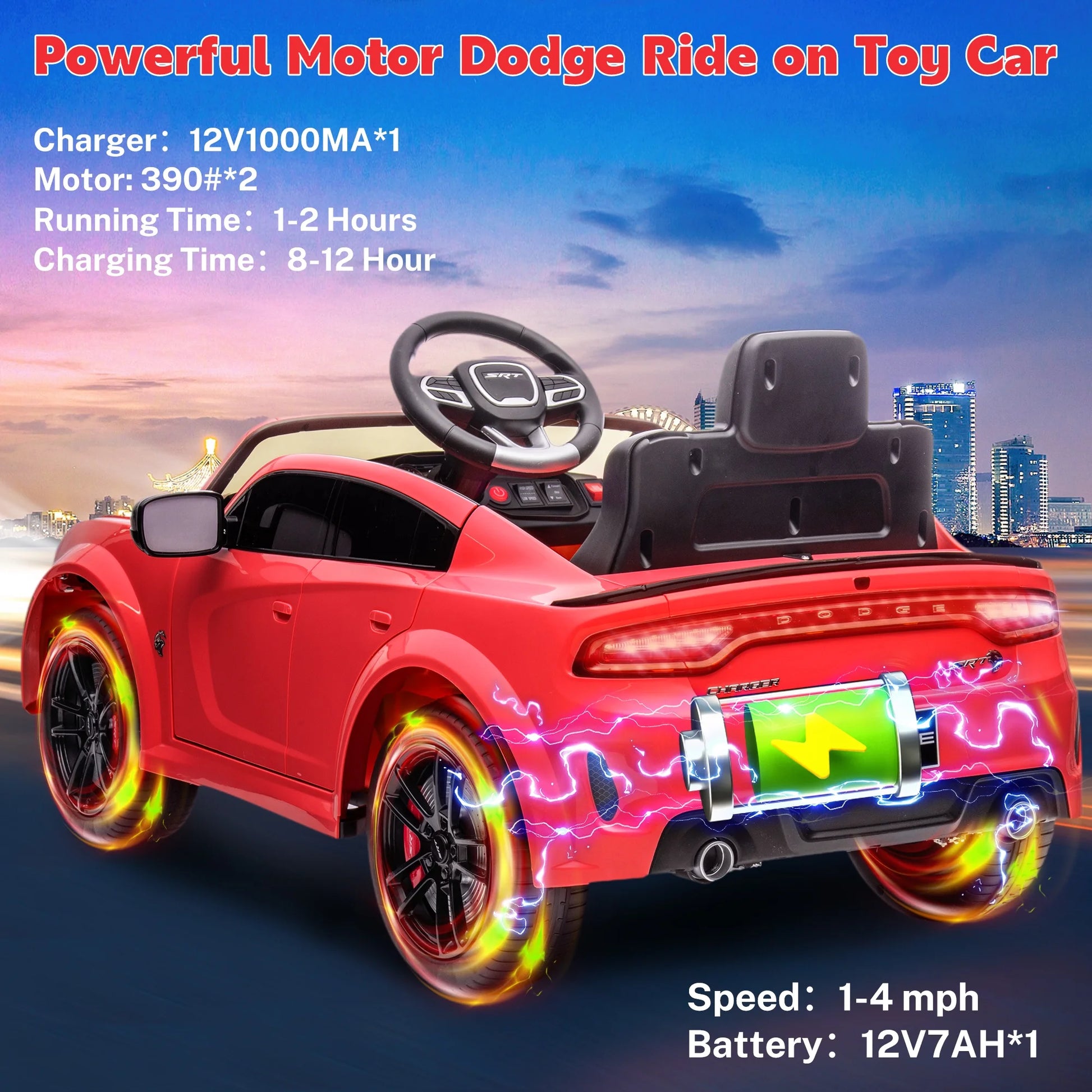 Officially Licensed Dodge Charger SRT 12V Electric Power Ride on Cars for Kids with Parent Remote Control, W/Music Player/Led Headlights/Safety Belt, Red