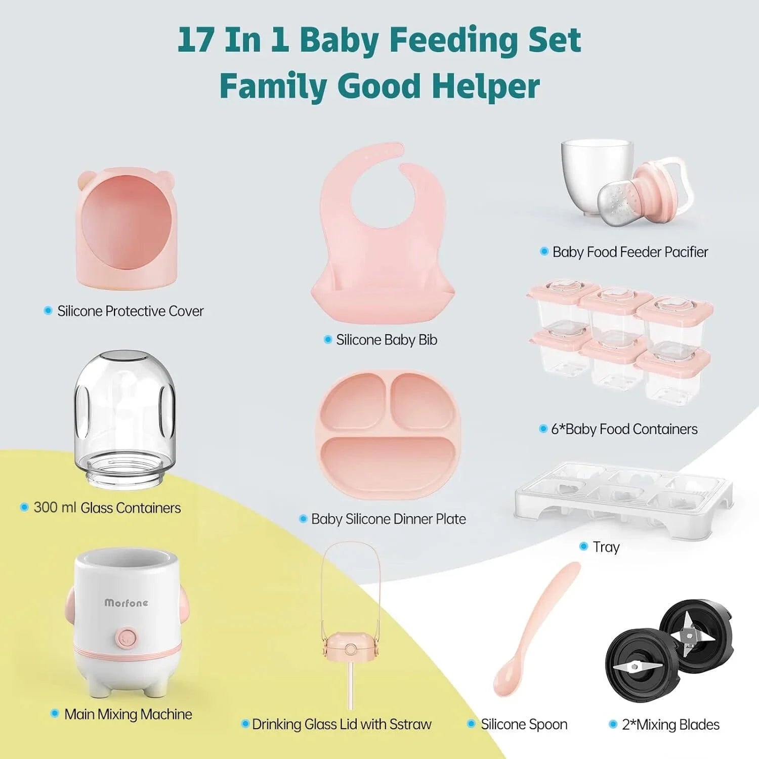 17-in-1 Baby Food Maker & Processor Set – Puree Blender with Food Containers, Freezer Tray, Silicone Spoons, and Spatula (Pink)