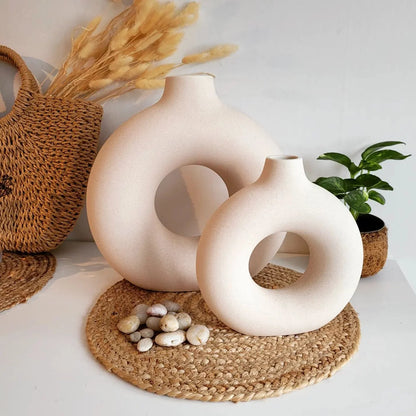 Set of 2 Modern Donut Ceramic Vases – Boho Decor for Home