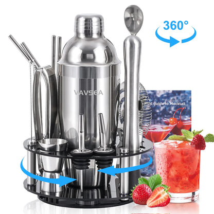 19-Piece Cocktail Shaker Set with Rotatable Stand – Mixology Kit for Home Bars, Parties, and Lounges, Includes Straws & Spoon (Silver)