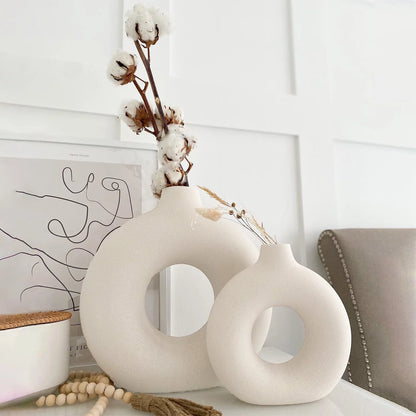 Set of 2 Modern Donut Ceramic Vases – Boho Decor for Home